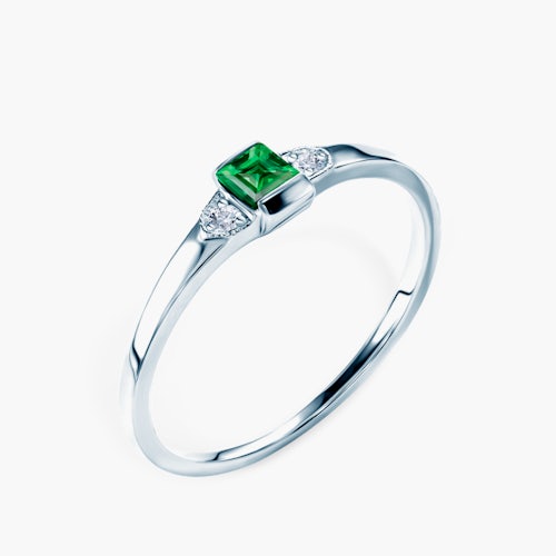 Pierścionek zaręczynowy SAVICKI: białe złoto, szmaragd, diamenty